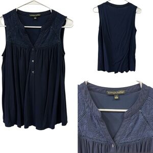 Always Indigo Navy Embroidery and Lattice Yoke Half Button Up Sleeveless Top L